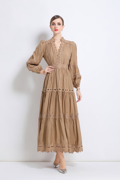 Women's Lace V-Neck Lantern Sleeve Pleated Maxi Dress