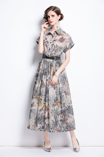 Women's Short Sleeves Collar Printed Midi Dress