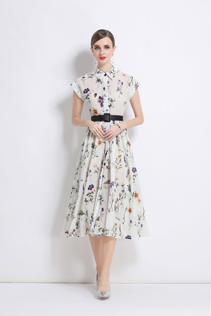 Women's Short Sleeves Collar Printed Buttons Midi Dress