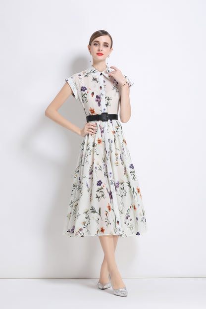 Women's Short Sleeves Collar Printed Buttons Midi Dress