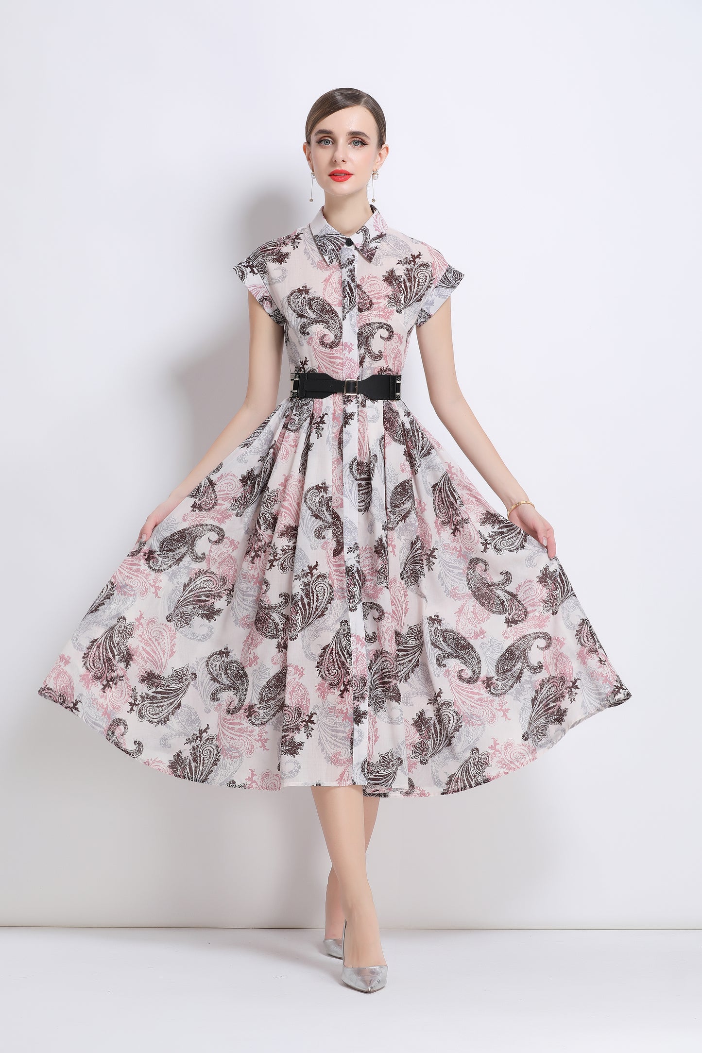 Women's Short Sleeves Collar Printed Buttons Midi Dress