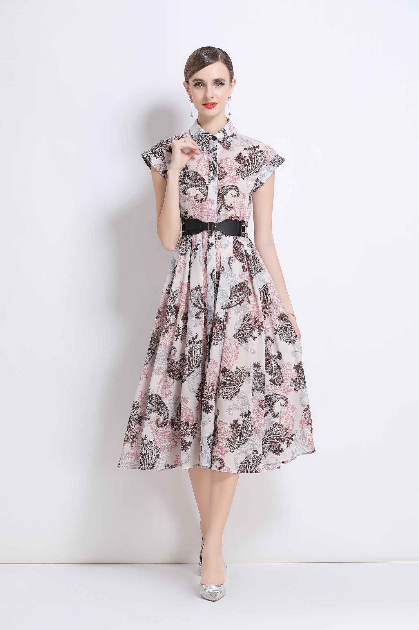 Women's Short Sleeves Collar Printed Buttons Midi Dress