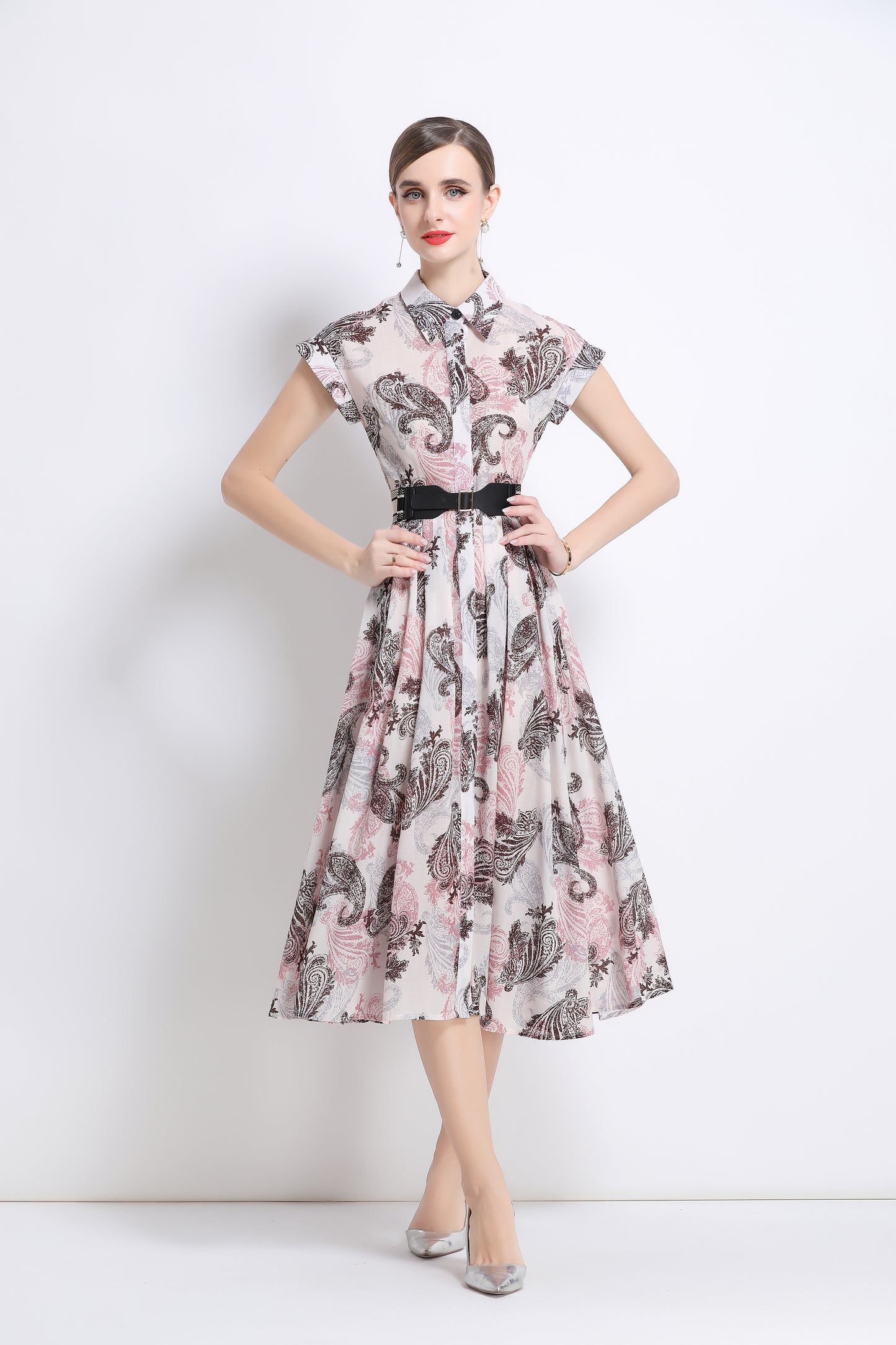 Women's Short Sleeves Collar Printed Buttons Midi Dress