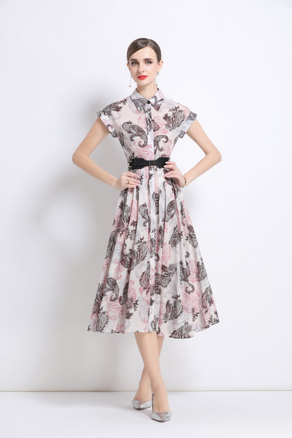Women's Short Sleeves Collar Printed Buttons Midi Dress
