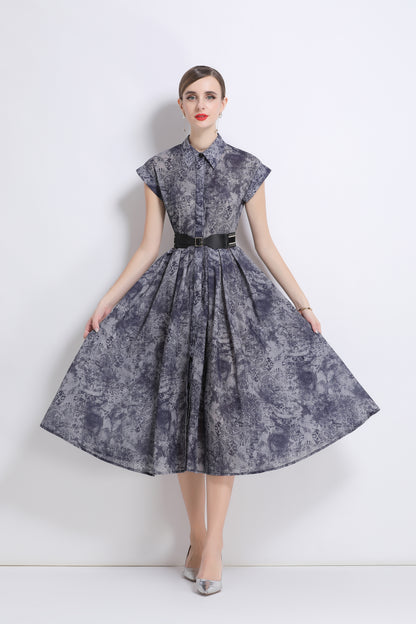 Women's Short Sleeves Collar Printed Buttons Midi Dress