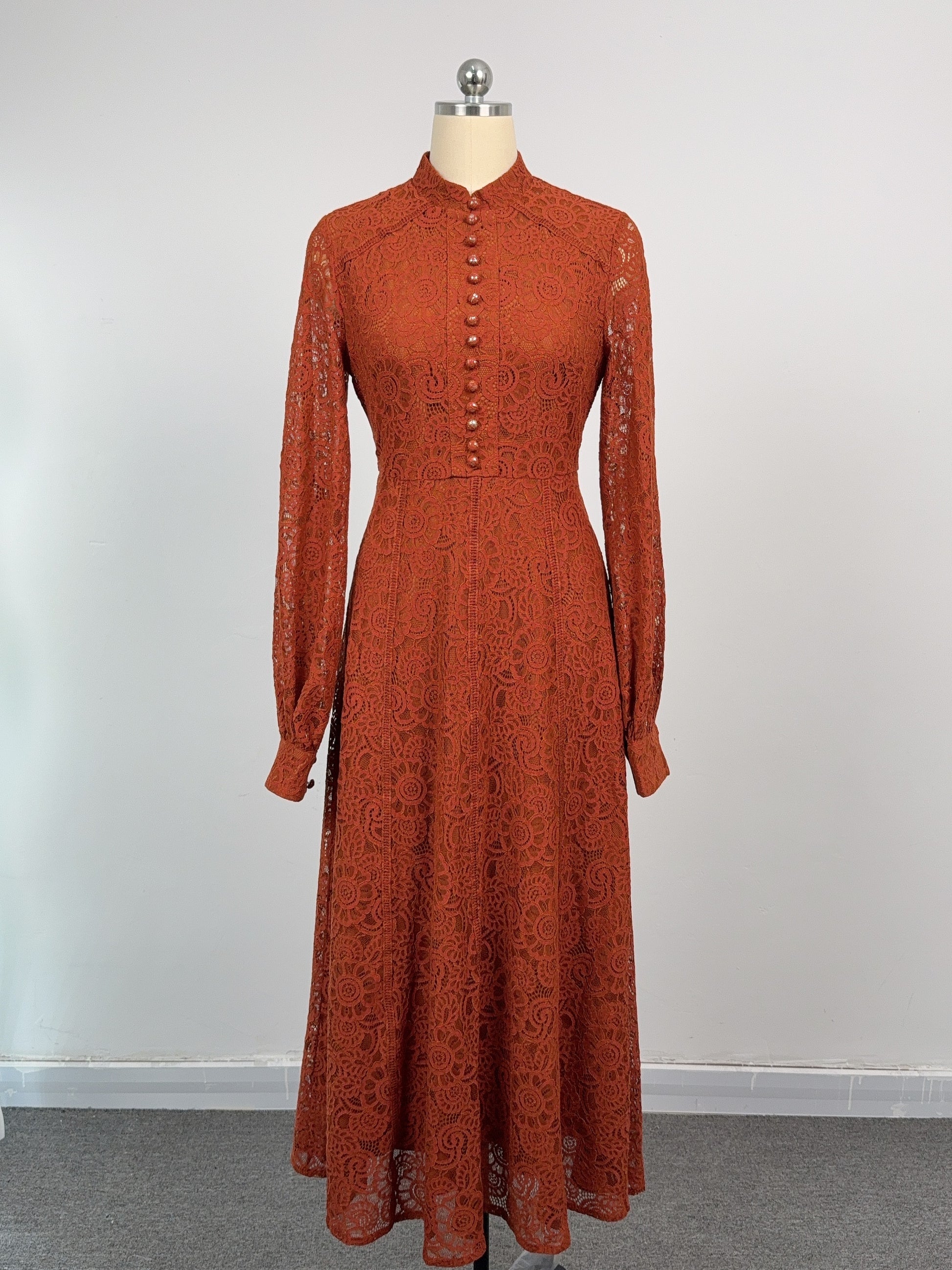 Women's Lace Mandarin Collar High Waist Maxi Dress - LAI MENG FIVE CATS