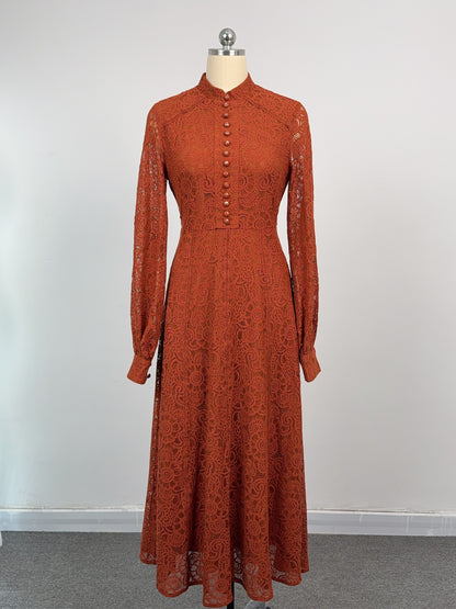 Women's Lace Mandarin Collar High Waist Maxi Dress - LAI MENG FIVE CATS