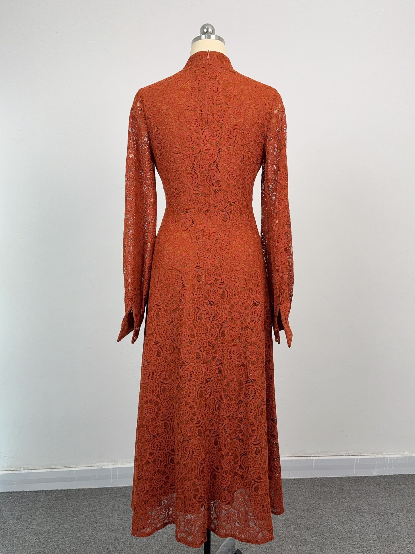 Women's Lace Mandarin Collar High Waist Maxi Dress - LAI MENG FIVE CATS