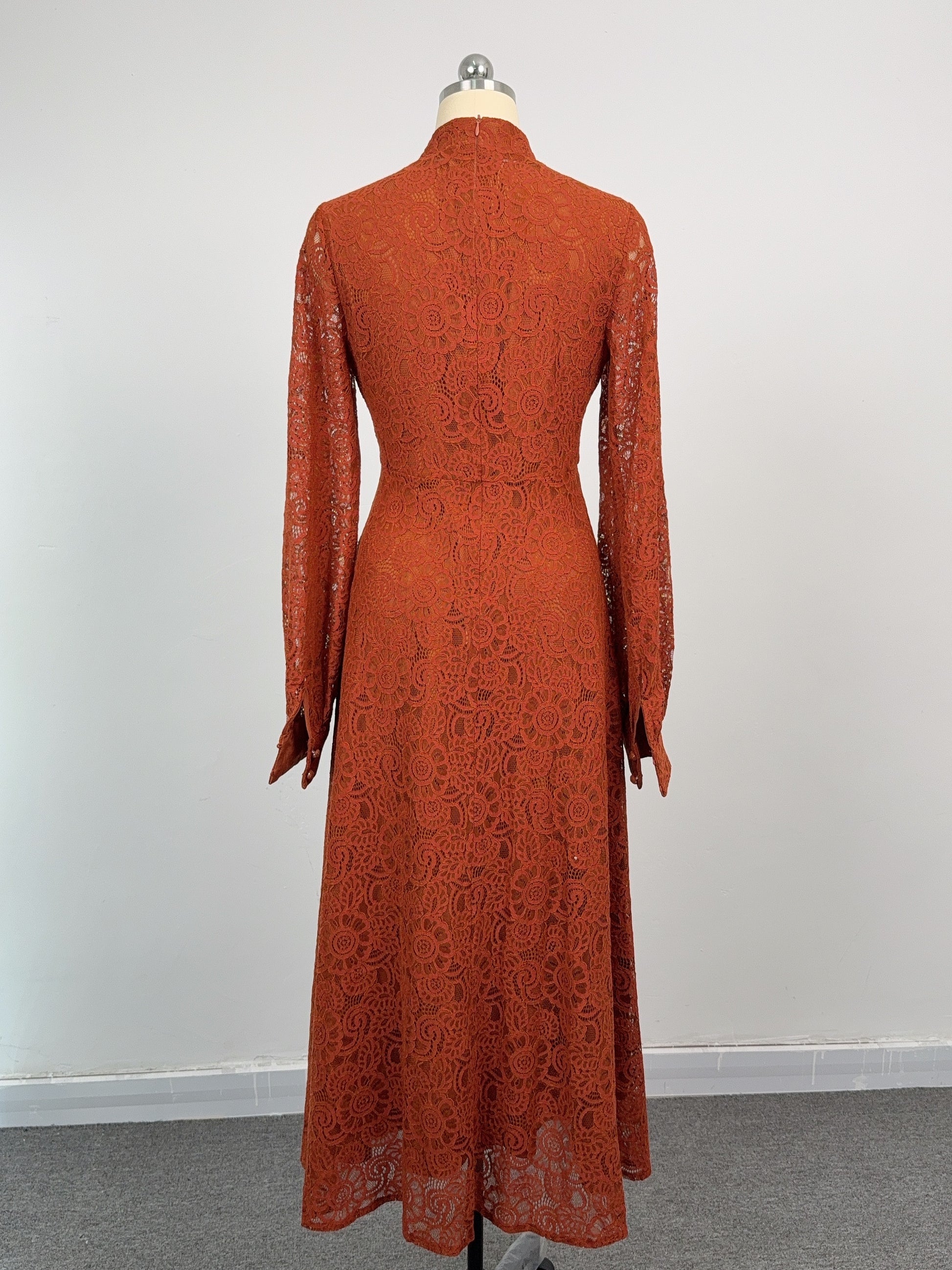 Women's Lace Mandarin Collar High Waist Maxi Dress - LAI MENG FIVE CATS