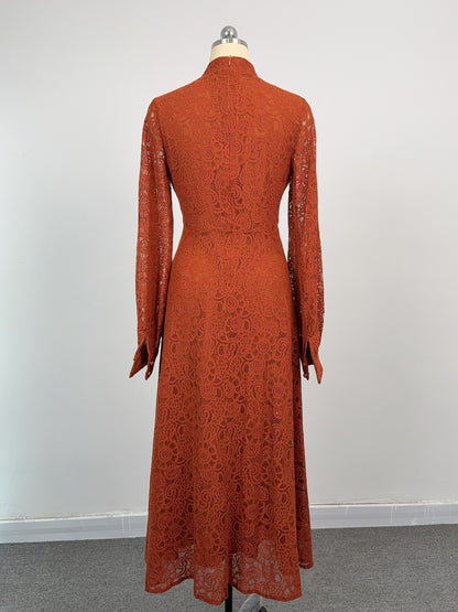 Women's Lace Mandarin Collar High Waist Maxi Dress - LAI MENG FIVE CATS