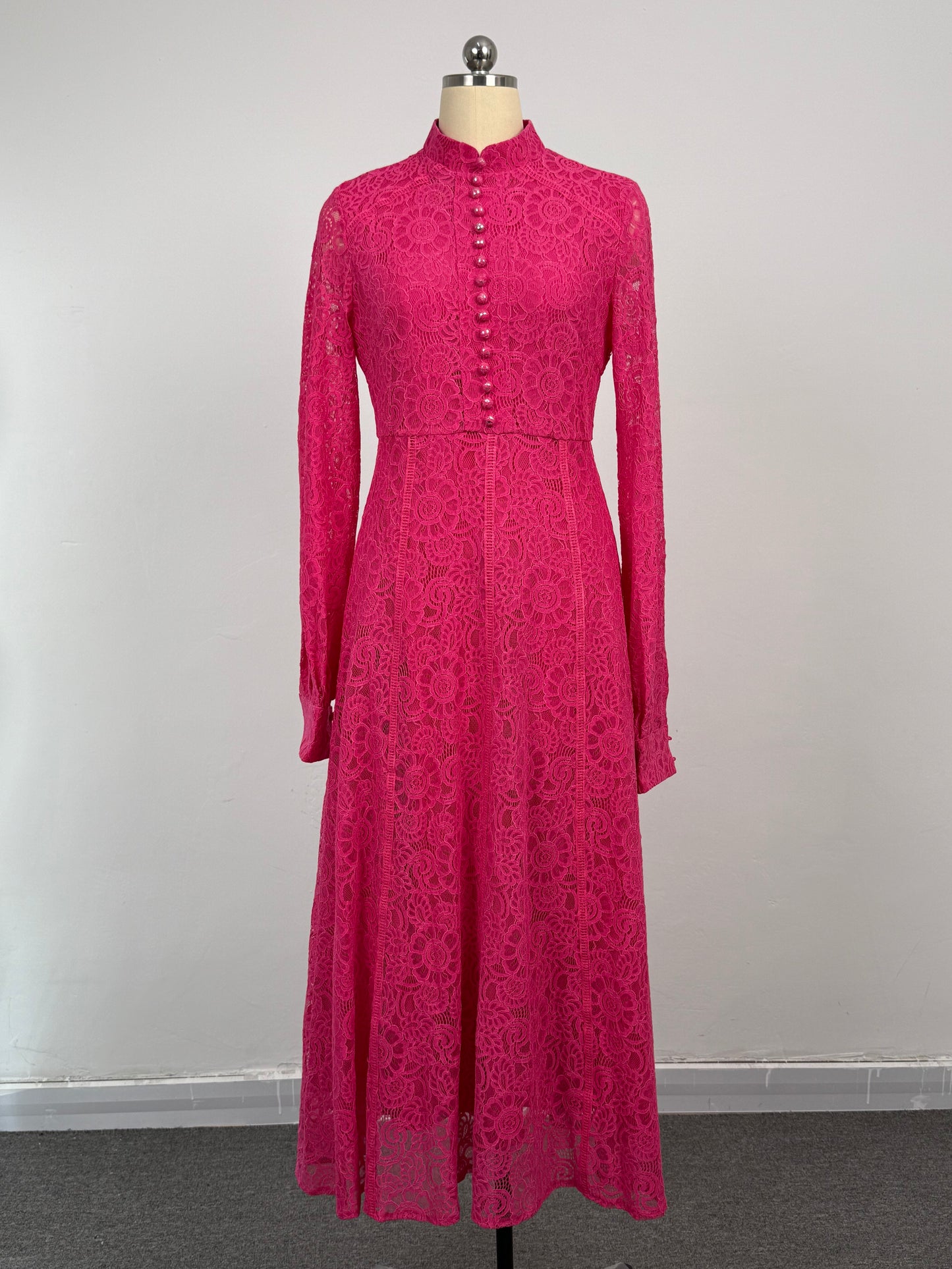 Women's Lace Mandarin Collar High Waist Maxi Dress - LAI MENG FIVE CATS