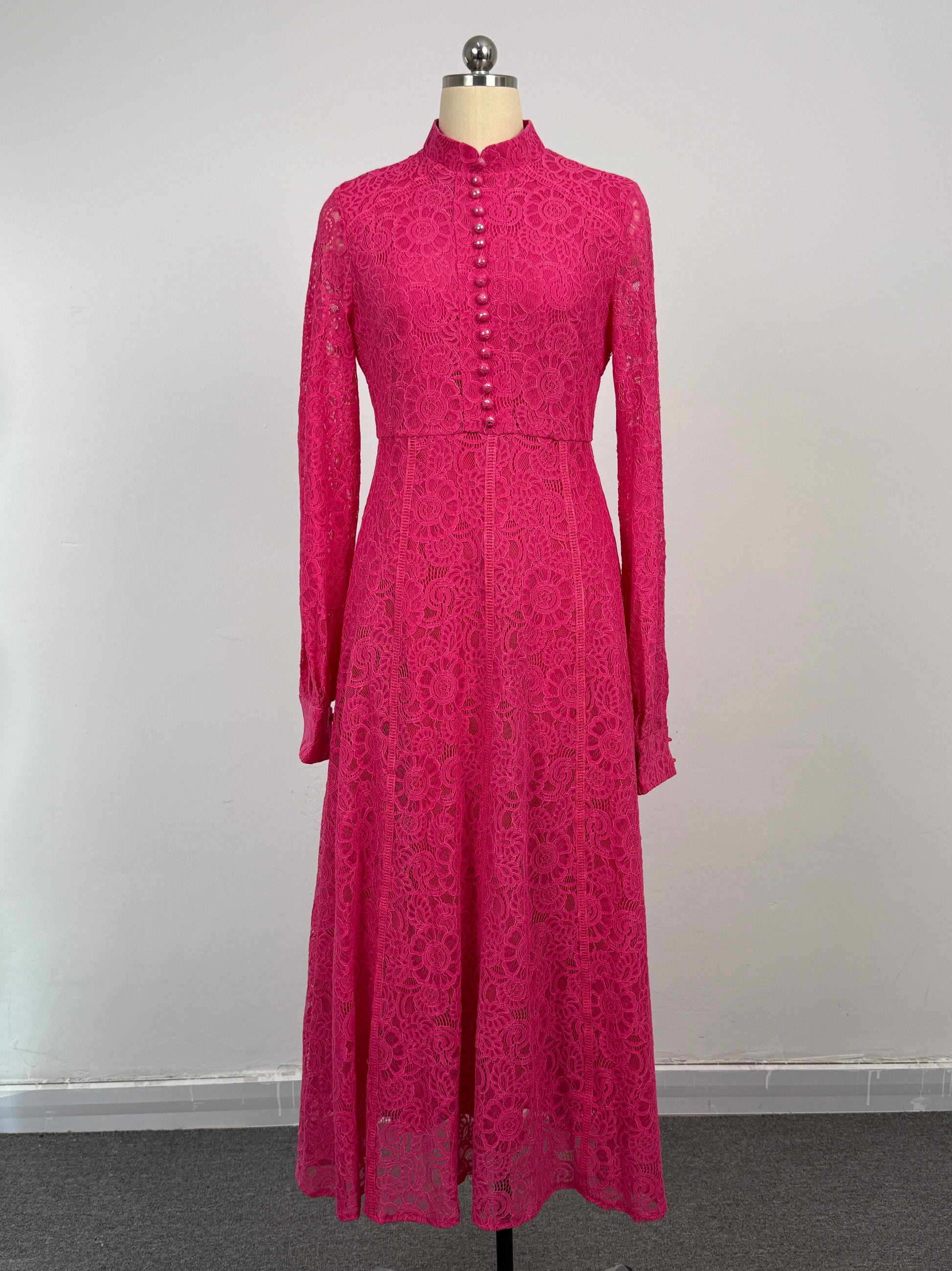 Women's Lace Mandarin Collar High Waist Maxi Dress - LAI MENG FIVE CATS