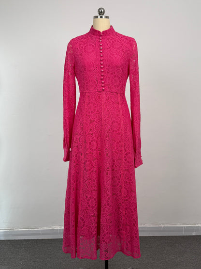 Women's Lace Mandarin Collar High Waist Maxi Dress - LAI MENG FIVE CATS