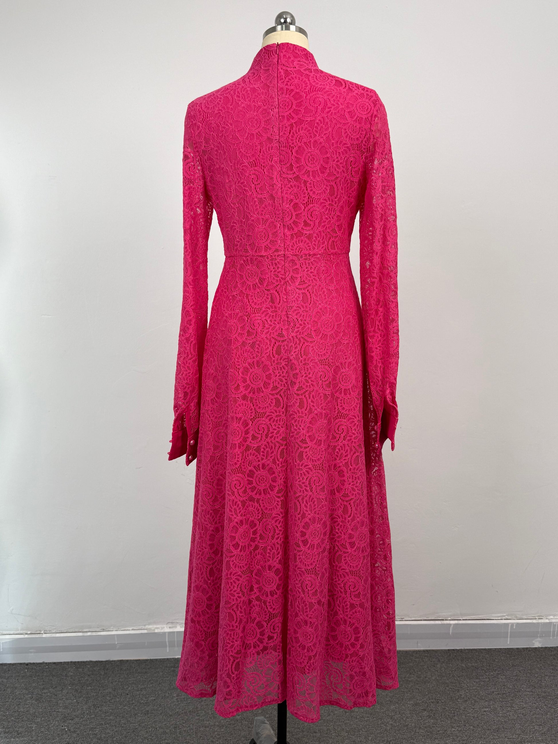 Women's Lace Mandarin Collar High Waist Maxi Dress - LAI MENG FIVE CATS