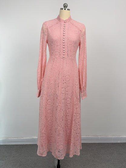 Women's Lace Mandarin Collar High Waist Maxi Dress - LAI MENG FIVE CATS