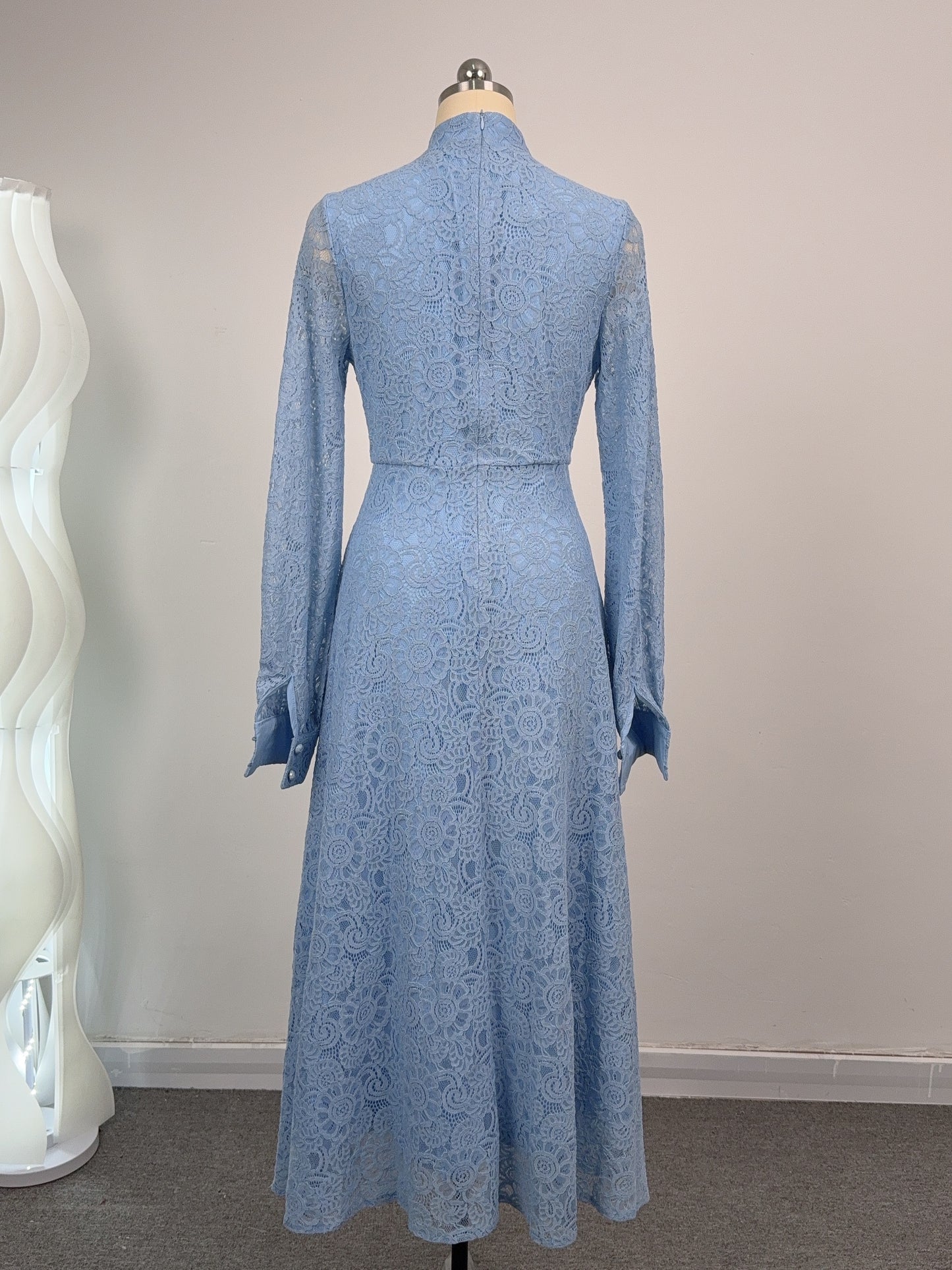 Women's Lace Mandarin Collar High Waist Maxi Dress - LAI MENG FIVE CATS