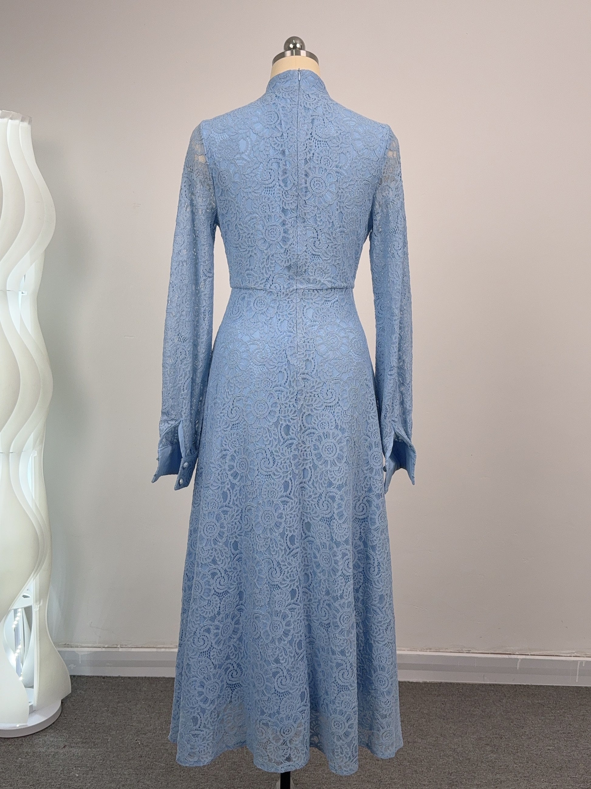 Women's Lace Mandarin Collar High Waist Maxi Dress - LAI MENG FIVE CATS