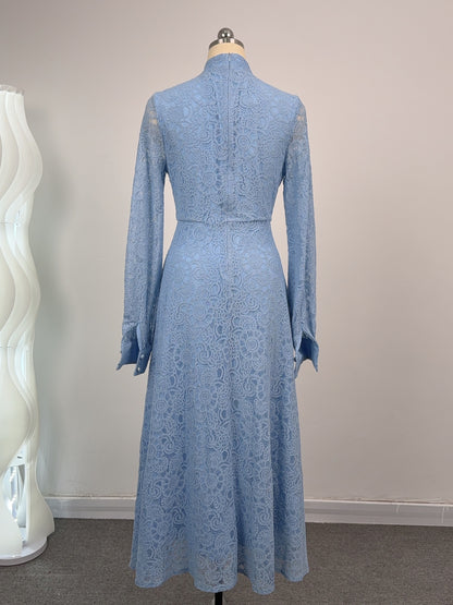 Women's Lace Mandarin Collar High Waist Maxi Dress - LAI MENG FIVE CATS