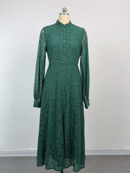 Women's Lace Mandarin Collar High Waist Maxi Dress - LAI MENG FIVE CATS