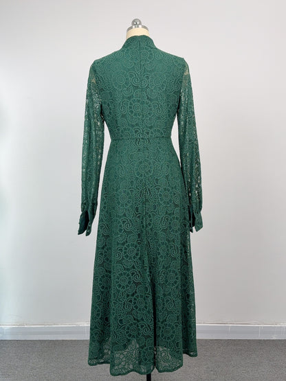 Women's Lace Mandarin Collar High Waist Maxi Dress - LAI MENG FIVE CATS