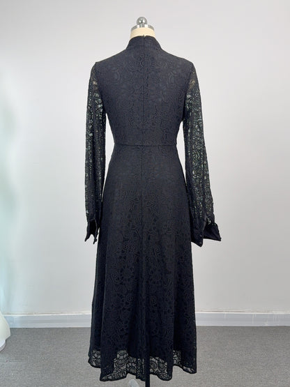 Women's Lace Mandarin Collar High Waist Maxi Dress - LAI MENG FIVE CATS