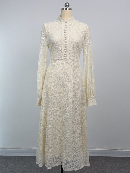 Women's Lace Mandarin Collar High Waist Maxi Dress - LAI MENG FIVE CATS