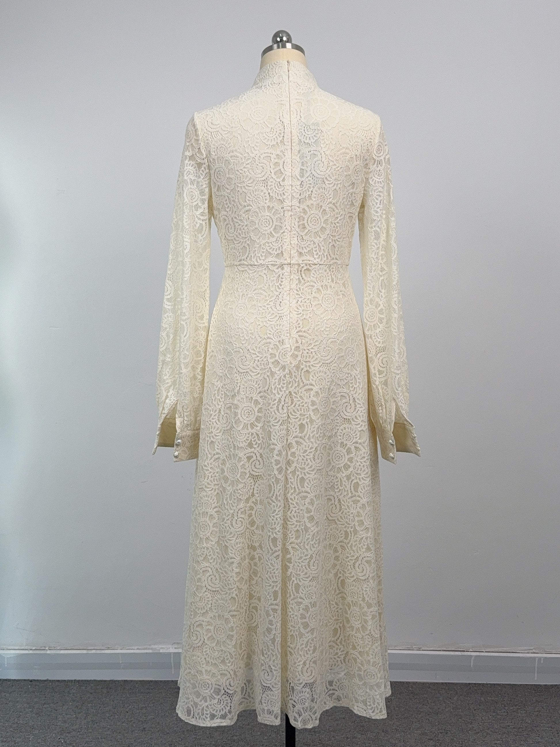 Women's Lace Mandarin Collar High Waist Maxi Dress - LAI MENG FIVE CATS