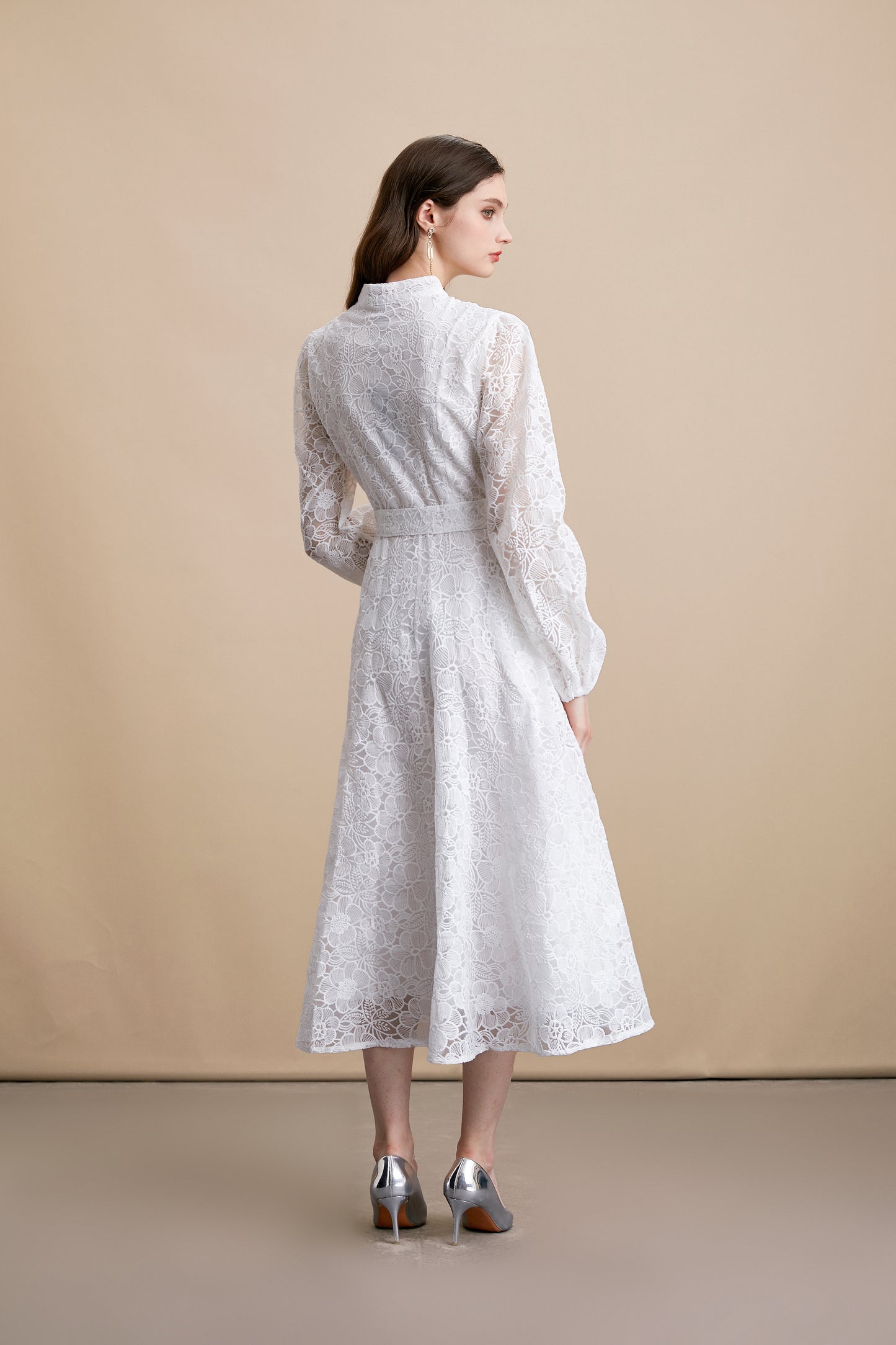 Women's Lace Stand Collar Puff Sleeve Midi Dress