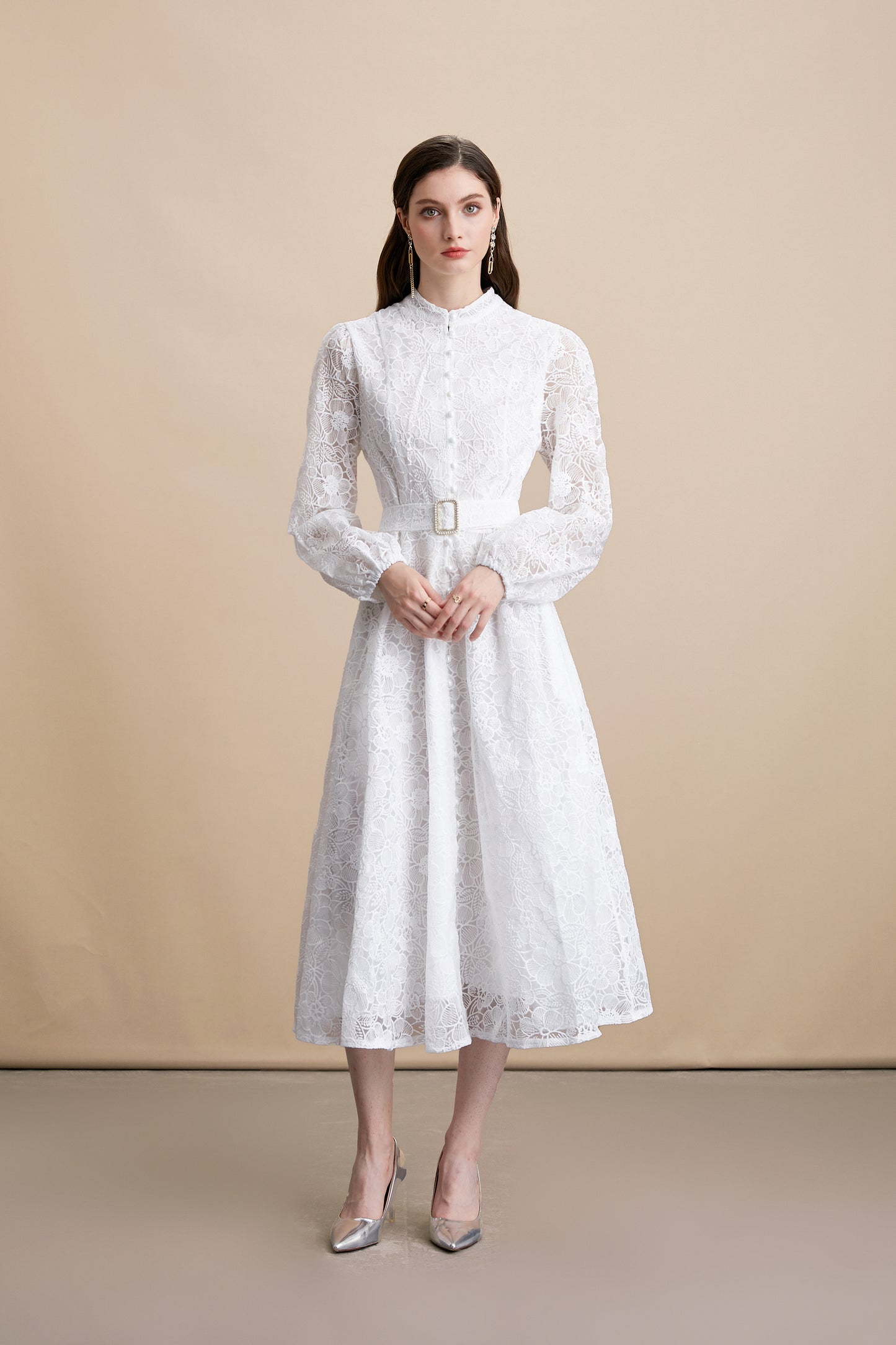 Women's Lace Stand Collar Puff Sleeve Midi Dress