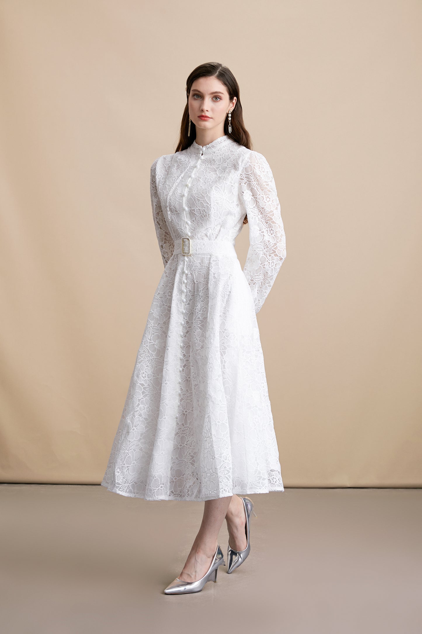 Women's Lace Stand Collar Puff Sleeve Midi Dress