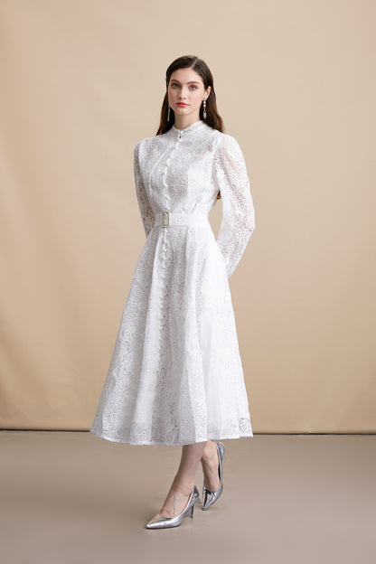 Women's Lace Stand Collar Puff Sleeve Midi Dress