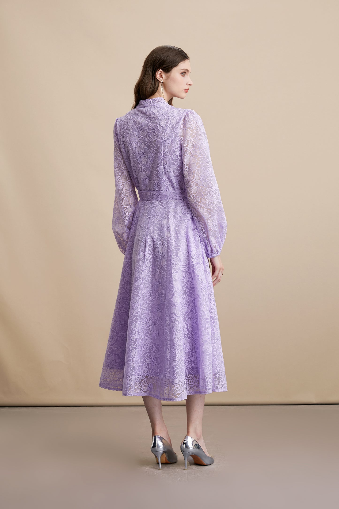 Women's Lace Stand Collar Puff Sleeve Midi Dress