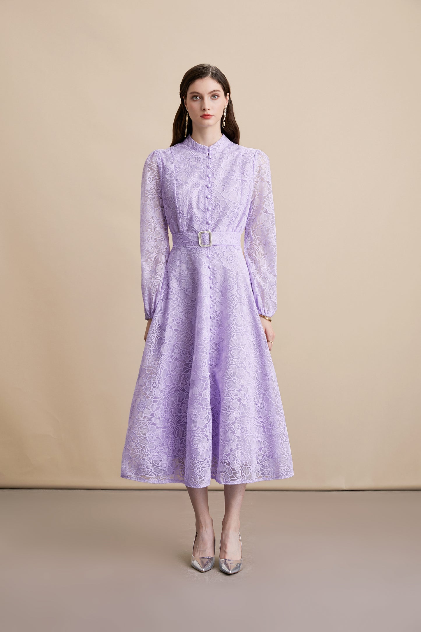 Women's Lace Stand Collar Puff Sleeve Midi Dress