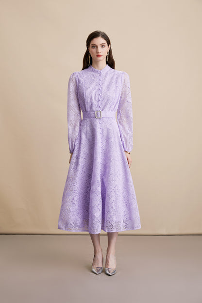 Women's Lace Stand Collar Puff Sleeve Midi Dress
