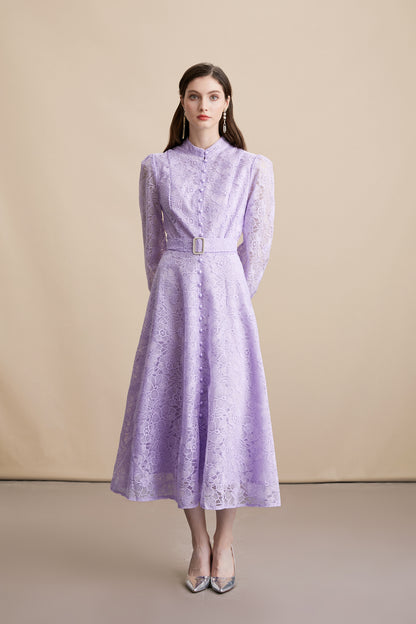 Women's Lace Stand Collar Puff Sleeve Midi Dress