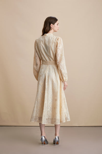 Women's Lace Stand Collar Puff Sleeve Midi Dress