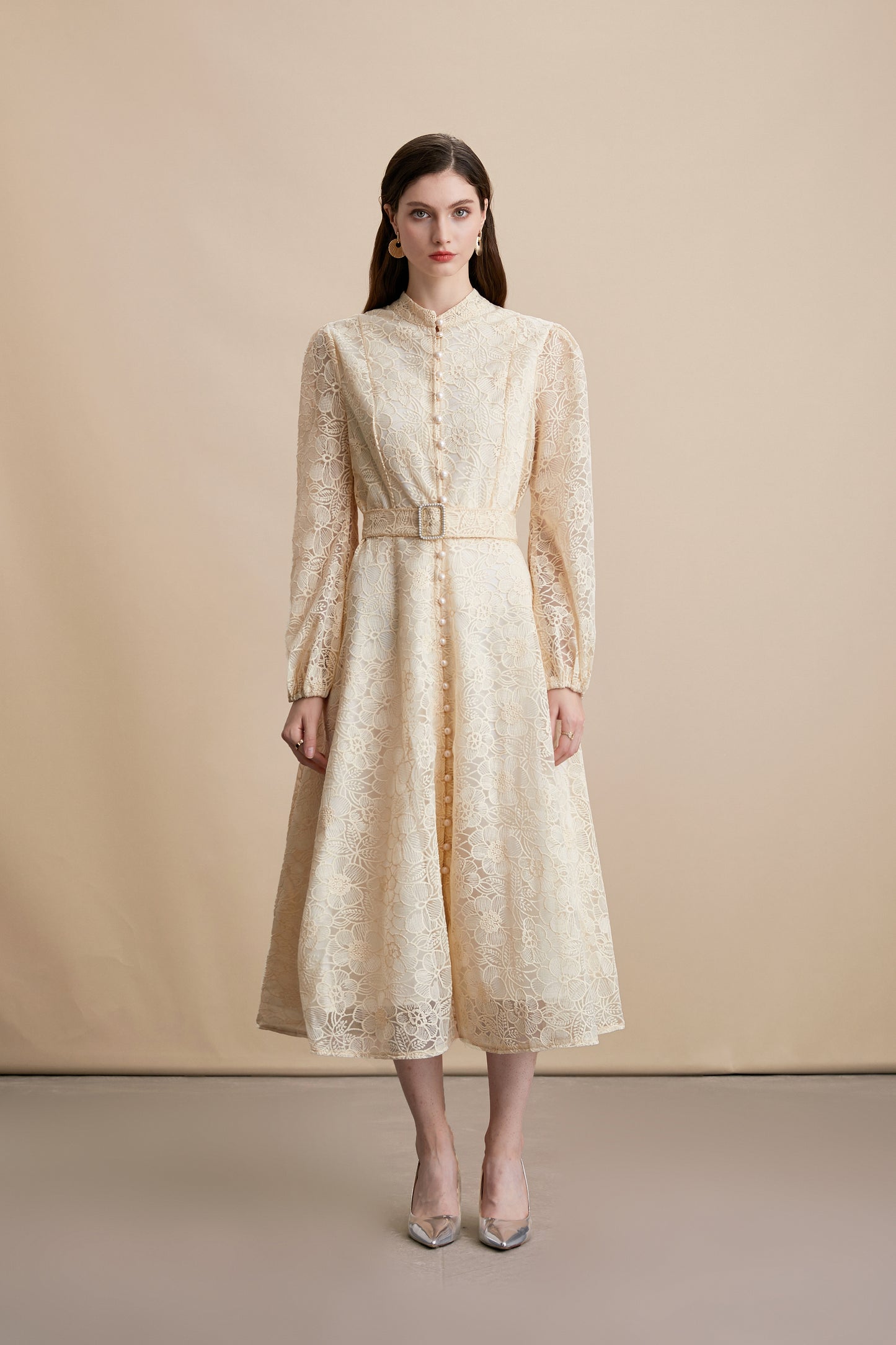 Women's Lace Stand Collar Puff Sleeve Midi Dress
