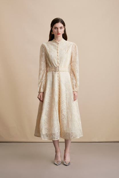 Women's Lace Stand Collar Puff Sleeve Midi Dress