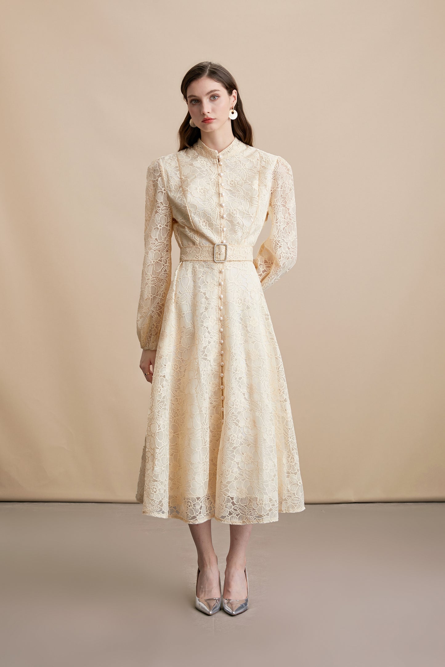 Women's Lace Stand Collar Puff Sleeve Midi Dress