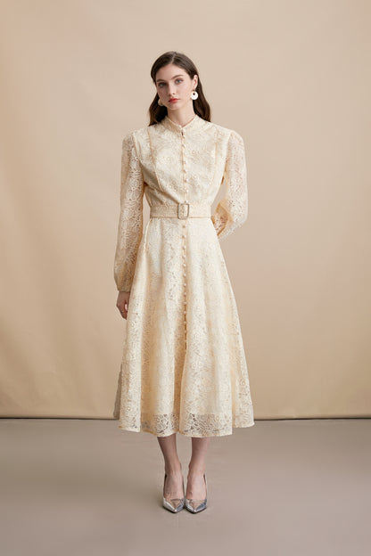 Women's Lace Stand Collar Puff Sleeve Midi Dress