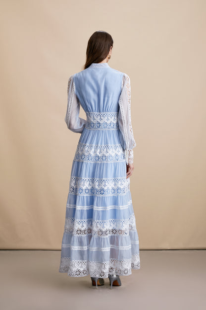 Women's Blue V-Neck Boho Chic Lace Tiered Maxi Dress