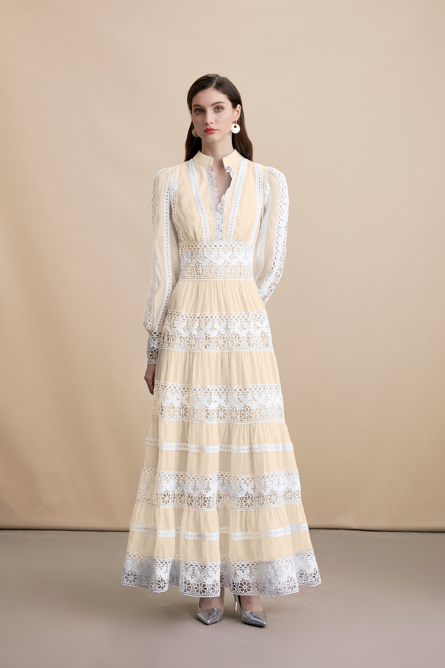 Women's V-Neck Smocked Lace Tiered Maxi Dress