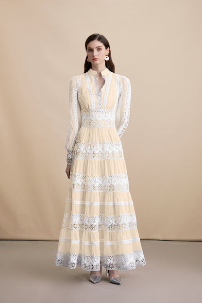 Women's V-Neck Smocked Lace Tiered Maxi Dress