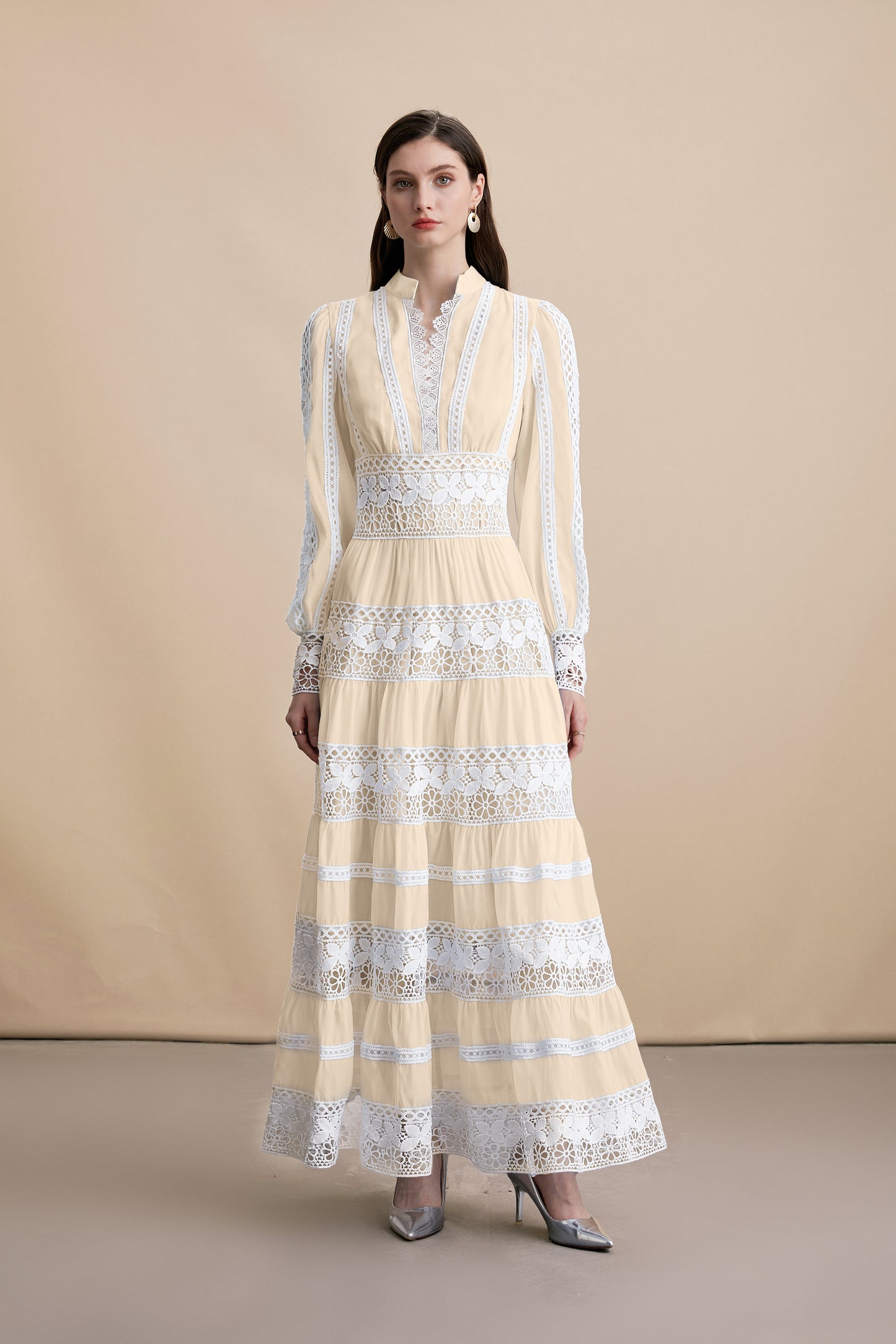 Women's Yellow V-Neck Boho Chic Lace Tiered Maxi Dress