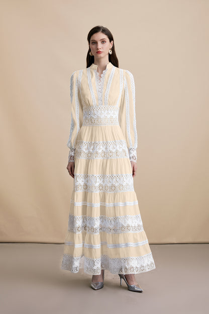Women's Yellow V-Neck Boho Chic Lace Tiered Maxi Dress