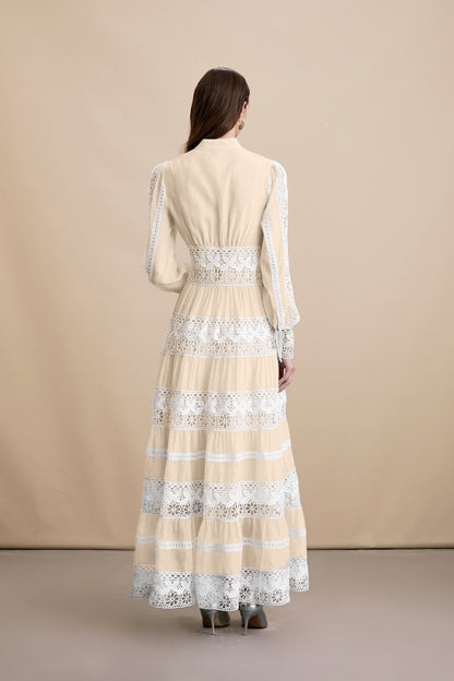 Women's Yellow V-Neck Boho Chic Lace Tiered Maxi Dress