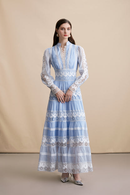 Women's Blue V-Neck Boho Chic Lace Tiered Maxi Dress