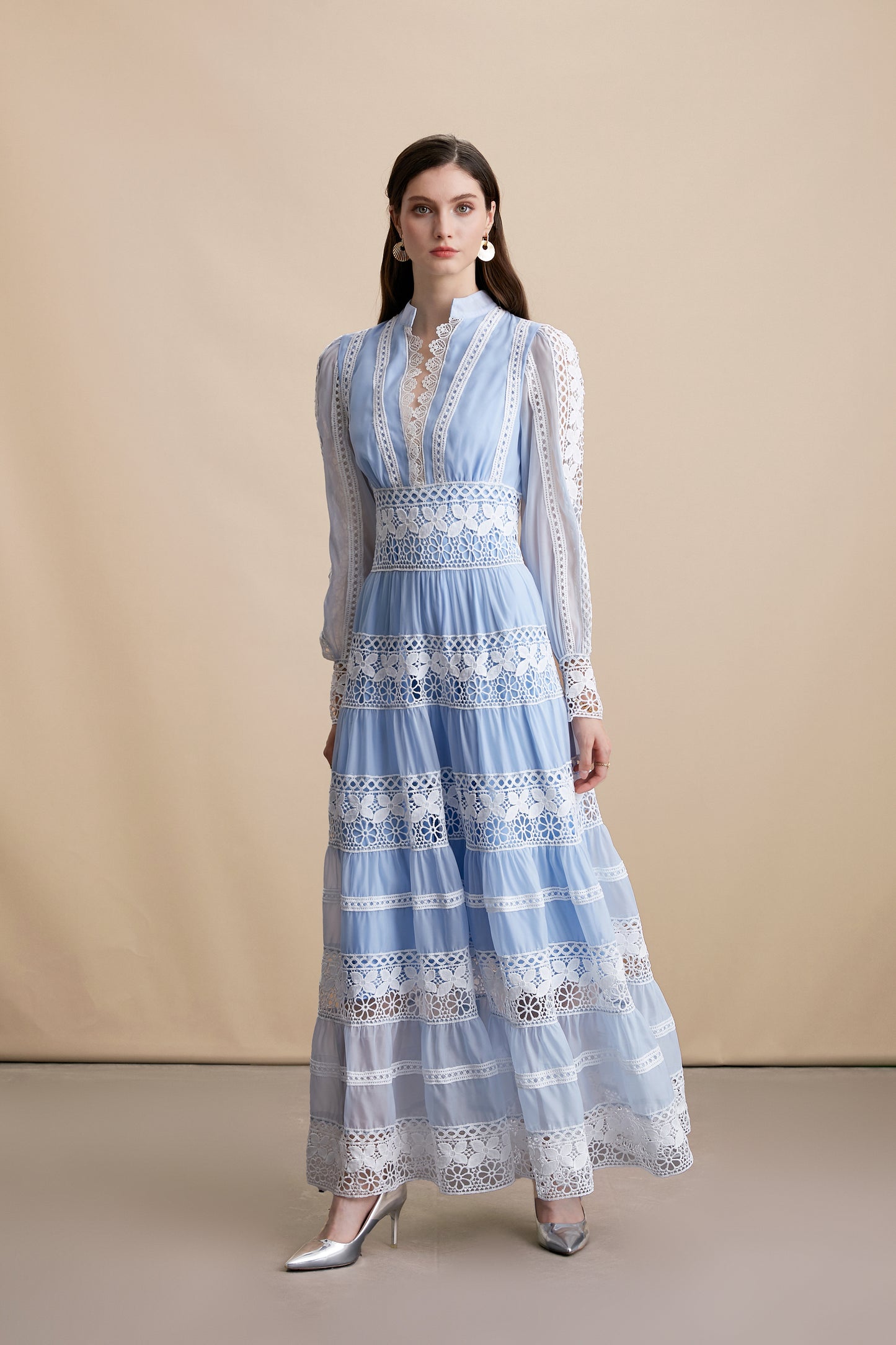 Women's Blue V-Neck Boho Chic Lace Tiered Maxi Dress