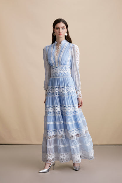 Women's Blue V-Neck Boho Chic Lace Tiered Maxi Dress