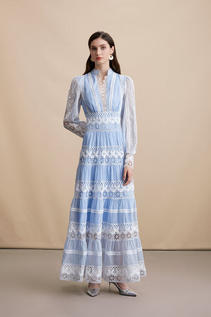 Women's Blue V-Neck Boho Chic Lace Tiered Maxi Dress